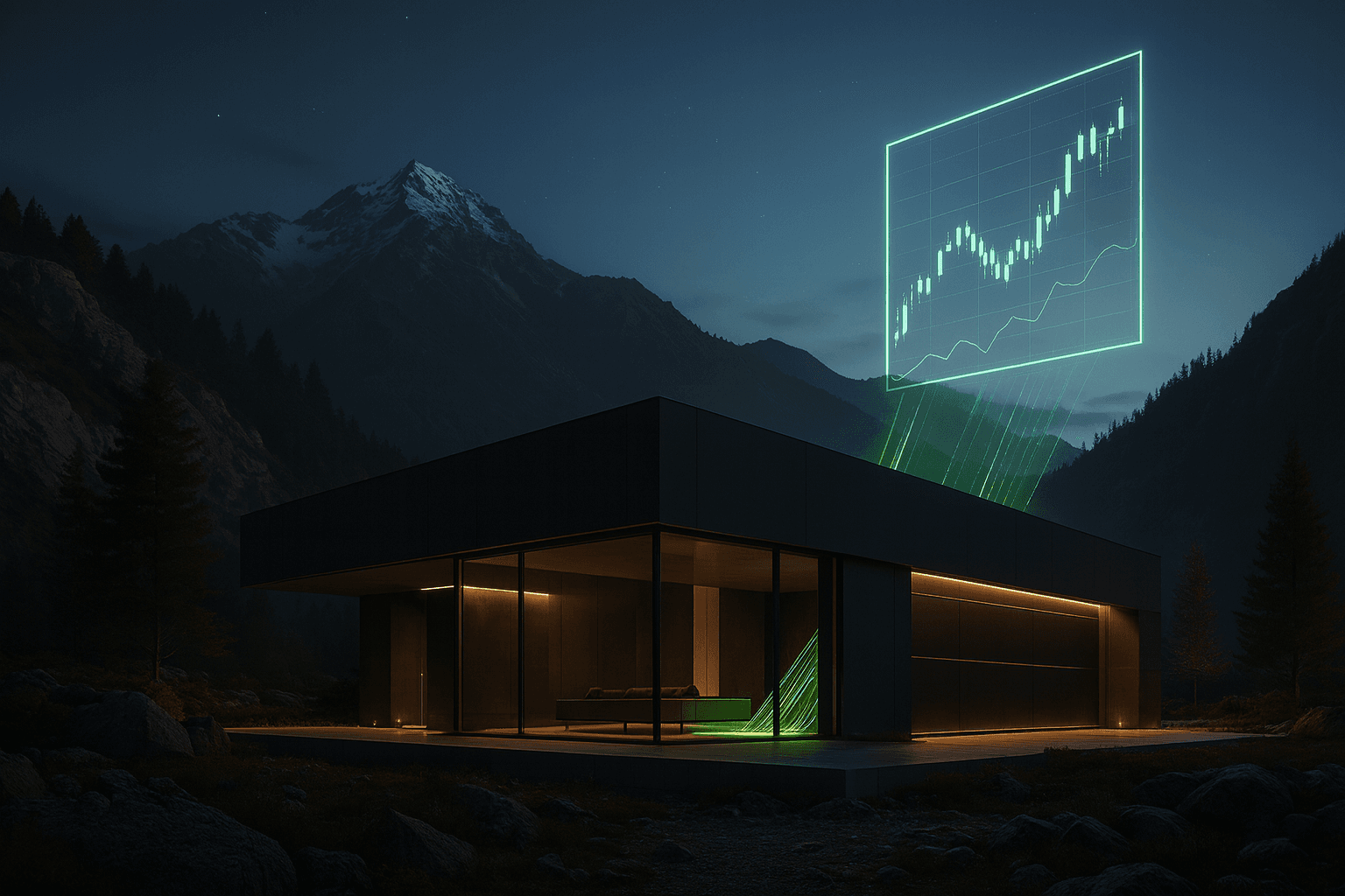 A futuristic bridge in a mountain valley, with glowing light trails and digital data streams, representing the connection between technology and finance.